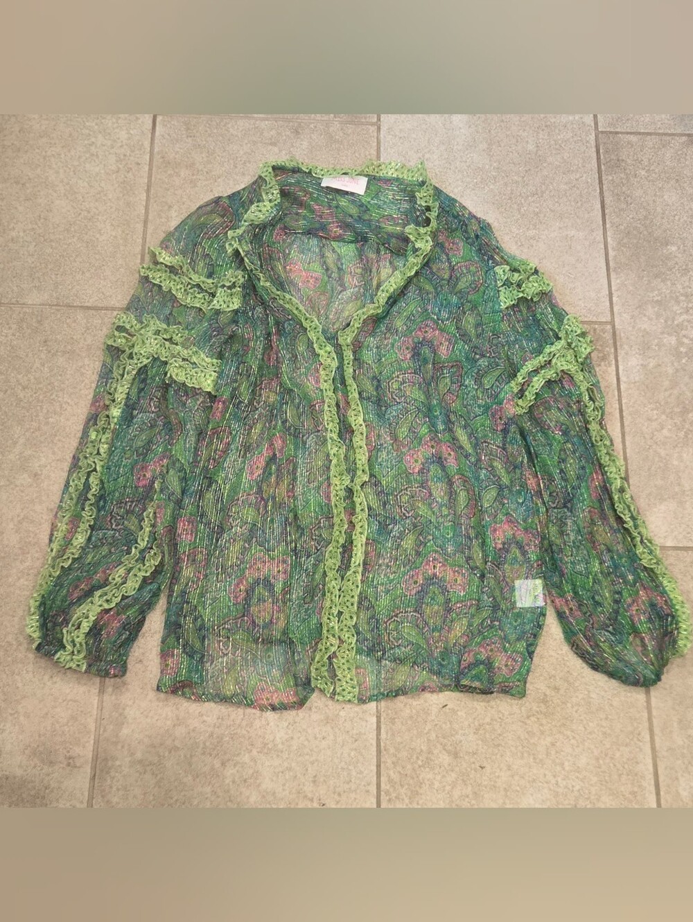 Miss June Paris Green Paisley Metallic Blouse Ruffle Sheer Peasant Boho Top